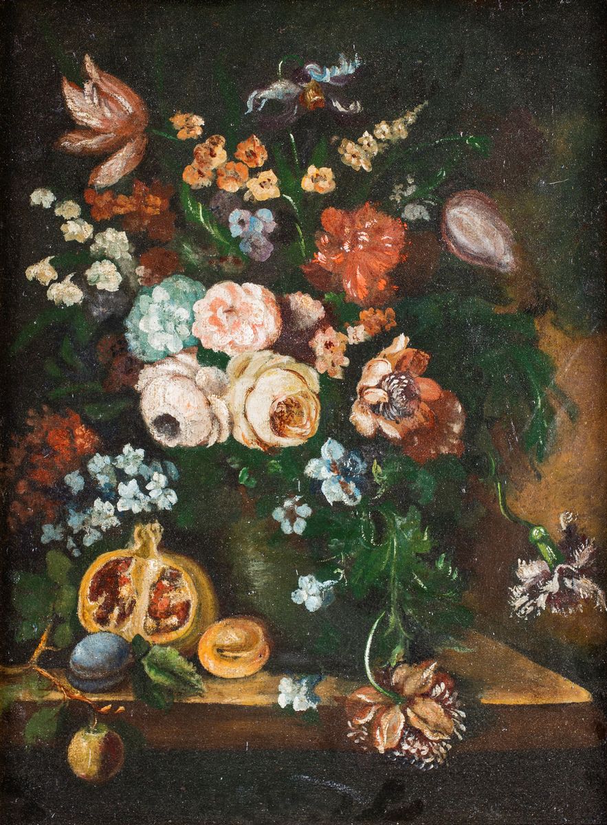 Pittore del XIX Secolo - A) Natura Morta di Fiori e Pere B) Natura Morta di Fiori e Melagrane