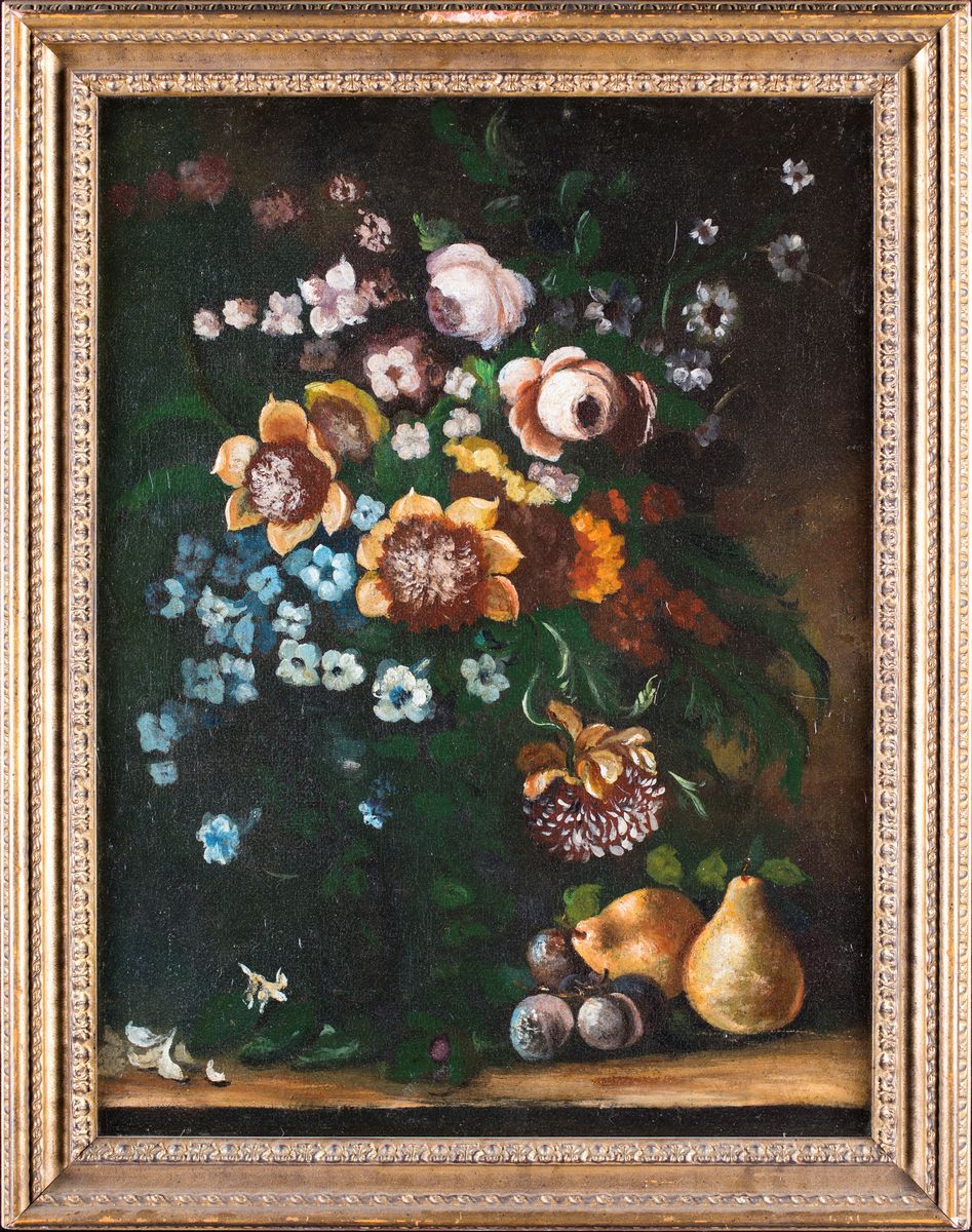 Pittore del XIX Secolo - A) Natura Morta di Fiori e Pere B) Natura Morta di Fiori e Melagrane
