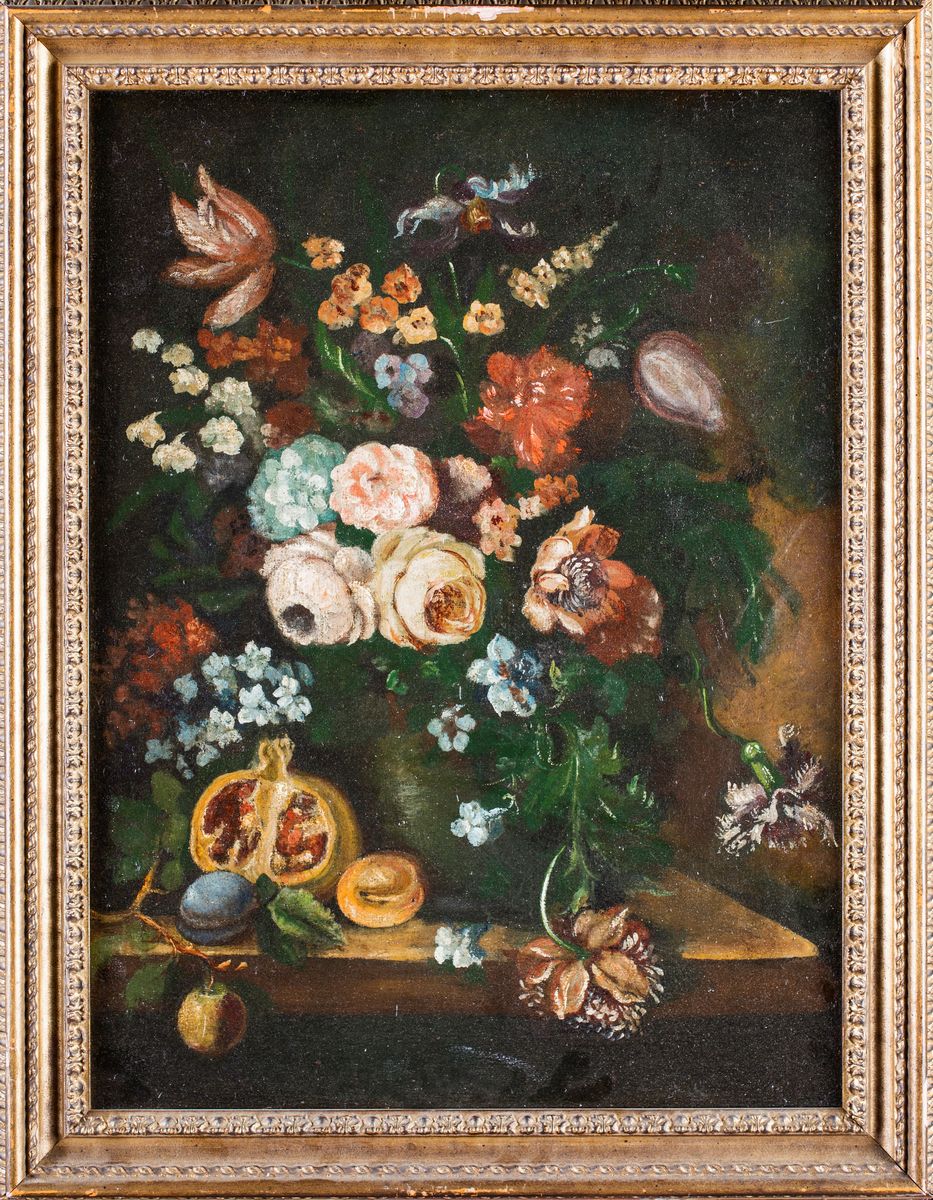 Pittore del XIX Secolo - A) Natura Morta di Fiori e Pere B) Natura Morta di Fiori e Melagrane
