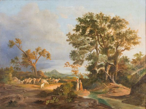 Pittore del XIX secolo - Paesaggio montano con figure e pecore