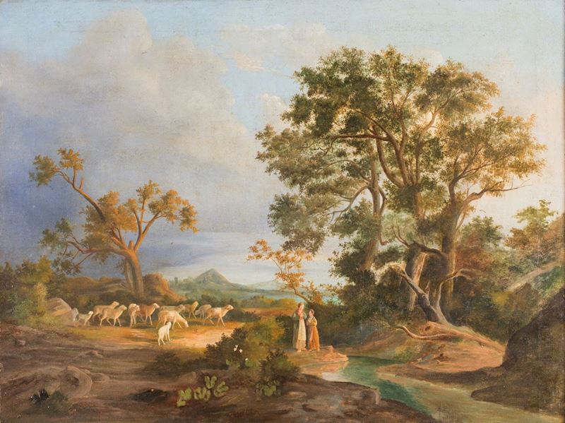 Pittore del XIX Secolo - Paesaggio Montano con Figure e Pecore