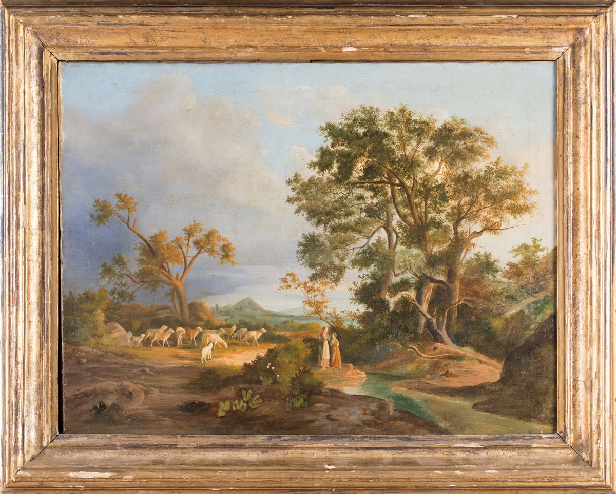 Pittore del XIX Secolo - Paesaggio Montano con Figure e Pecore