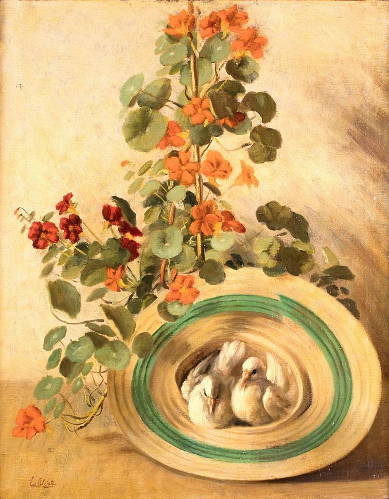 Evangelina Gemma Alciati - Natura Morta di Fiori con Colombe