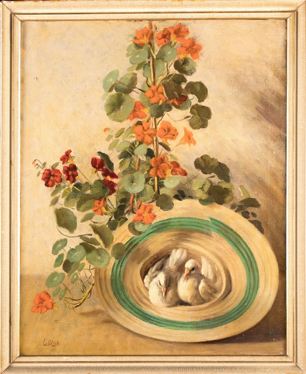 Evangelina Gemma Alciati - Natura Morta di Fiori con Colombe