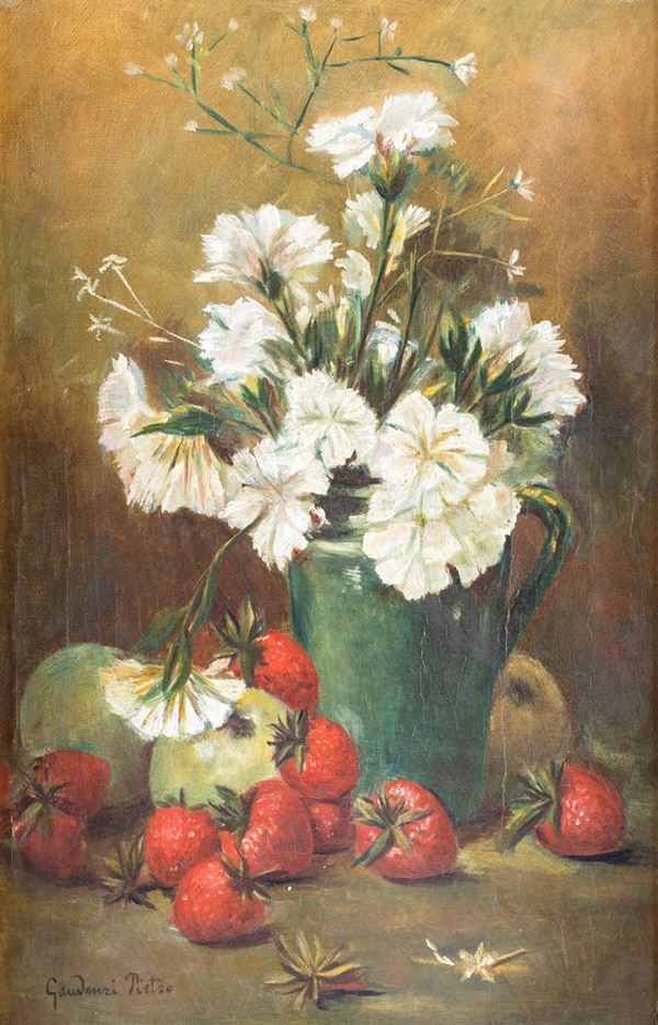 Pietro Gaudenzi - Vaso di garofani bianchi e fragole