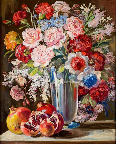 Vaso di Fiori e Melagrane sul Piano