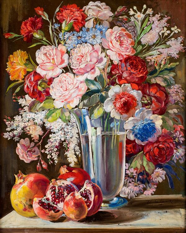 Pittore del XIX/XX secolo - Vaso di fiori e melagrane sul piano