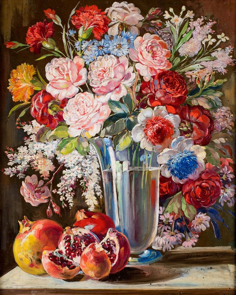 Pittore del XIX/XX Secolo - Vaso di Fiori e Melagrane sul Piano