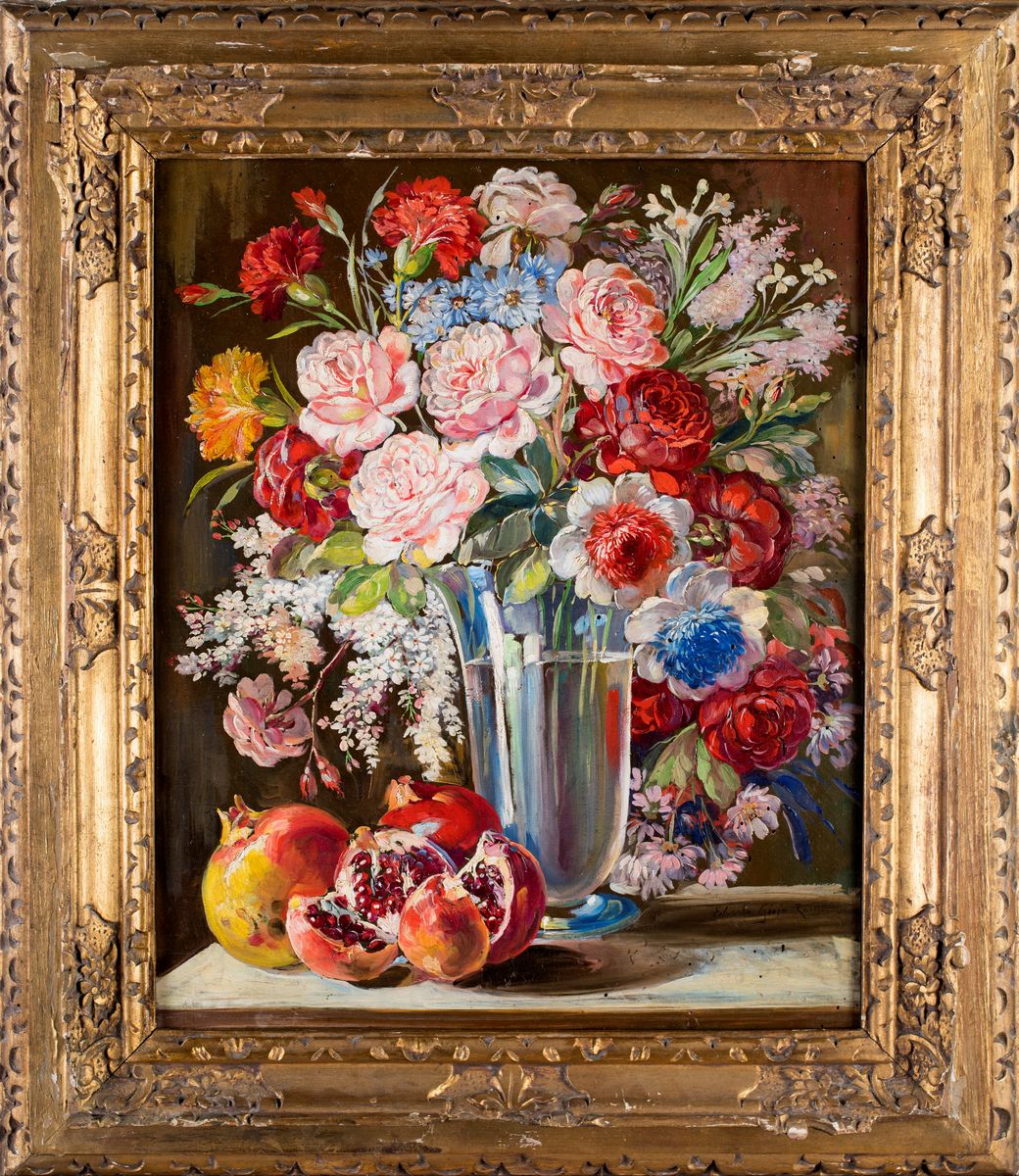 Pittore del XIX/XX Secolo - Vaso di Fiori e Melagrane sul Piano