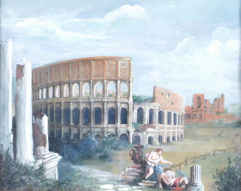 Pittore del XIX Secolo - Veduta Fantastica del Colosseo con Figure Mitologiche