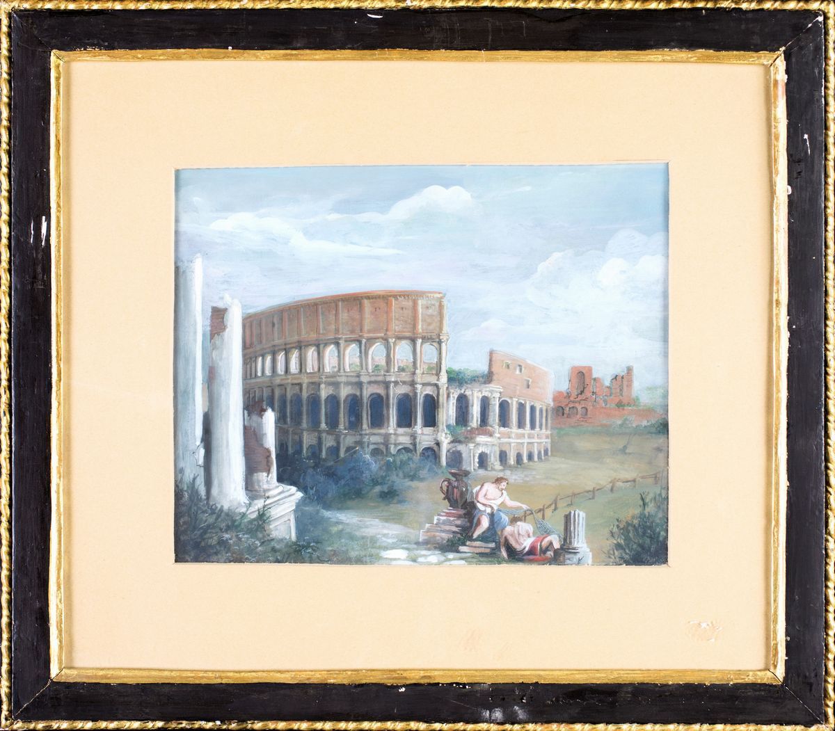 Pittore del XIX Secolo - Veduta Fantastica del Colosseo con Figure Mitologiche