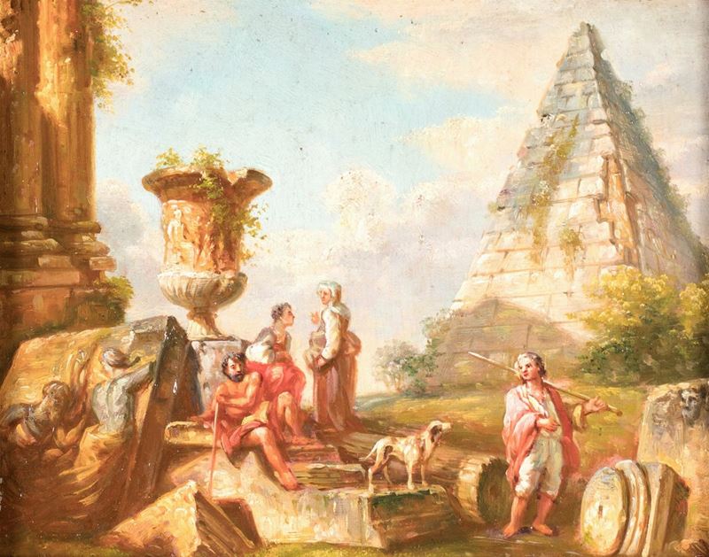 Pittore del XIX Secolo - Paesaggio con Piramide Cestia e Figure