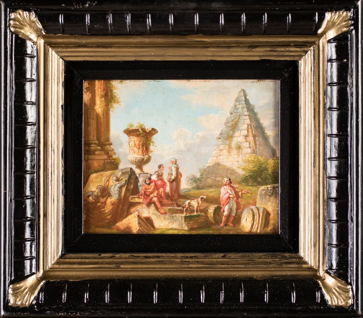 Pittore del XIX Secolo - Paesaggio con Piramide Cestia e Figure