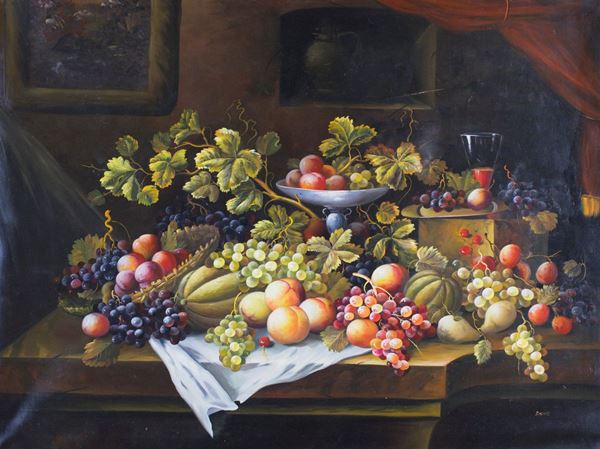 Pittore del XX secolo - Natura morta di uva, pesche e meloni