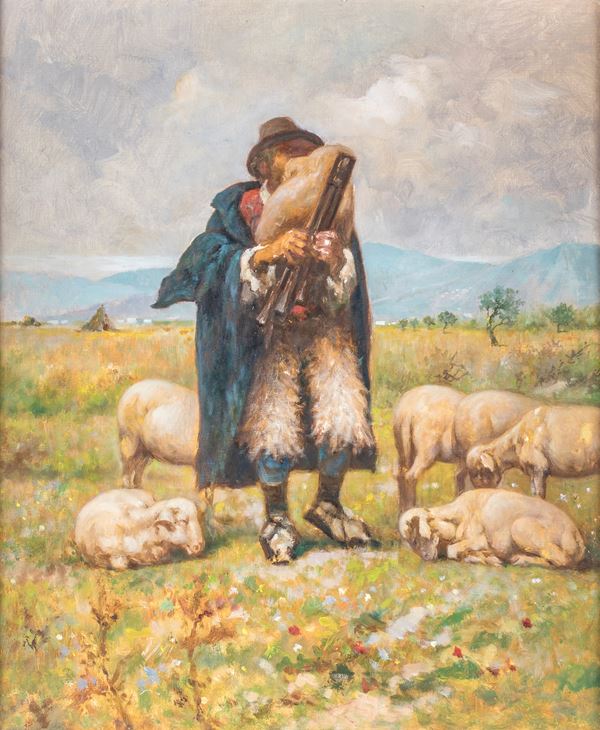 Pittore del XIX/XX secolo - Pastore con zampogna e gregge