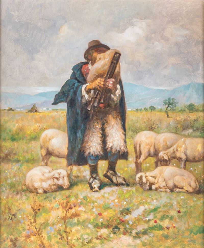 Pittore del XIX/XX Secolo - Pastore con Zampogna e Gregge