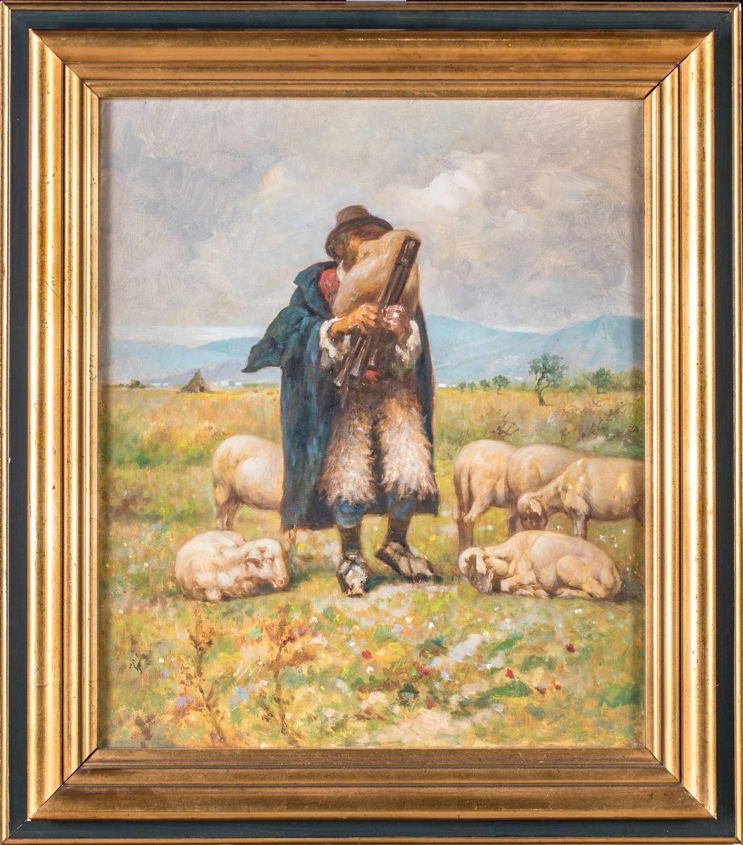 Pittore del XIX/XX Secolo - Pastore con Zampogna e Gregge