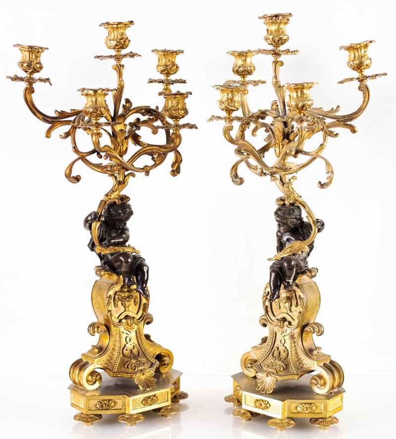 Coppia di Candelabri in Bronzo Dorato, XIX Secolo