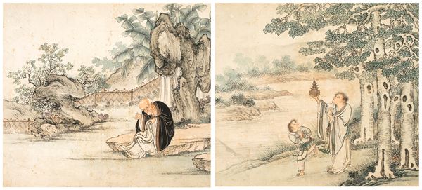 Coppia di antiche illustrazioni cinesi
