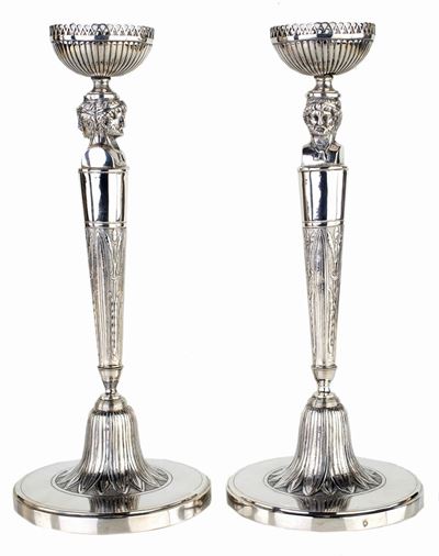 Coppia di Candelieri in Argento, Roma 1820 Ca., Argentiere Francesco Ossani (attivo fra il 1800 e...