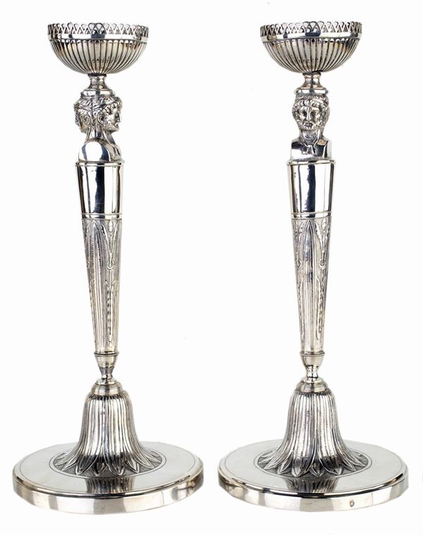 Coppia di candelieri in argento, Roma 1820 ca., argentiere Francesco Ossani (attivo fra il 1800 e il 1829)