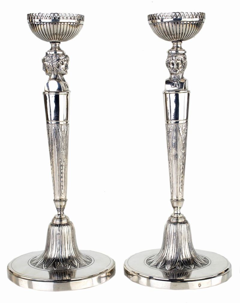 Coppia di Candelieri in Argento, Roma 1820 Ca., Argentiere Francesco Ossani (attivo fra il 1800 e...