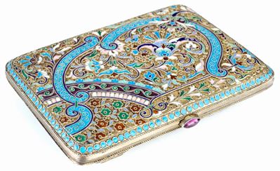 Portasigarette da Tasca in Argento Dorato e Smalti, Russia, 1908 - 1917, Argentiere August Holmin...