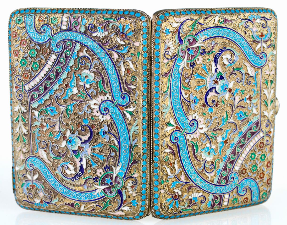 Portasigarette da Tasca in Argento Dorato e Smalti, Russia, 1908 - 1917, Argentiere August Holmin...
