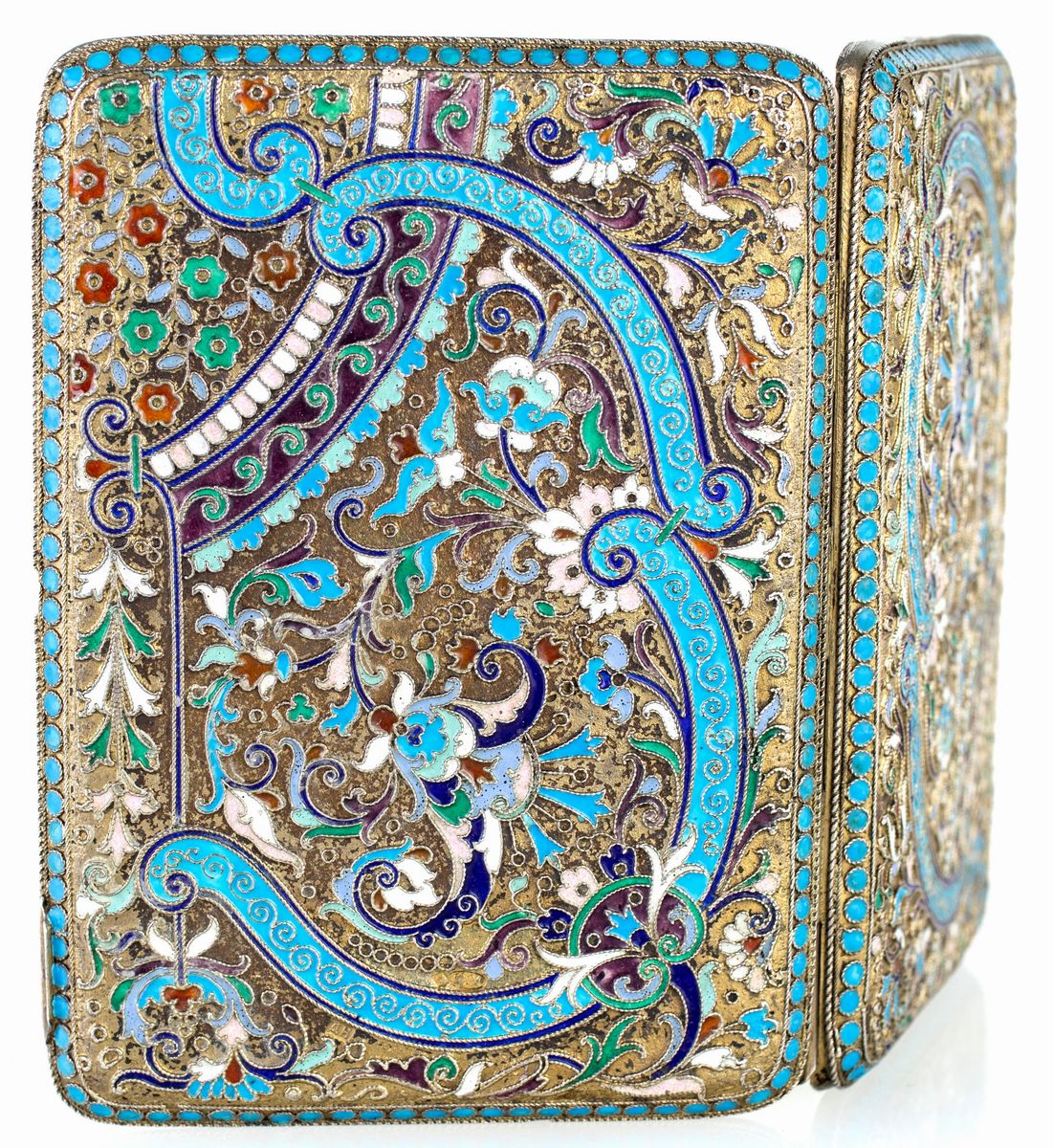 Portasigarette da Tasca in Argento Dorato e Smalti, Russia, 1908 - 1917, Argentiere August Holmin...