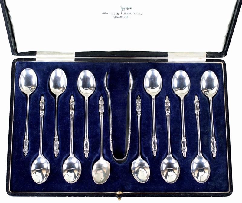 Dodici Cucchiaini degli Apostoli in Argento 925/1000 con Pinza per Zollette, Città di Sheffi...