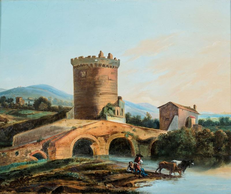 Pittore del XIX Secolo - L'aniene a Ponte Lucano e il Mausoleo dei Plauzi