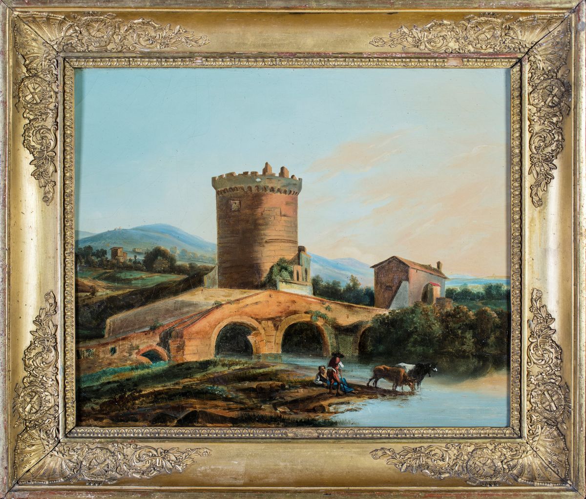 Pittore del XIX Secolo - L'aniene a Ponte Lucano e il Mausoleo dei Plauzi