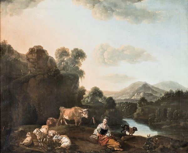 Scuola Romana del XVIII secolo - Paesaggio con pastorella e armenti