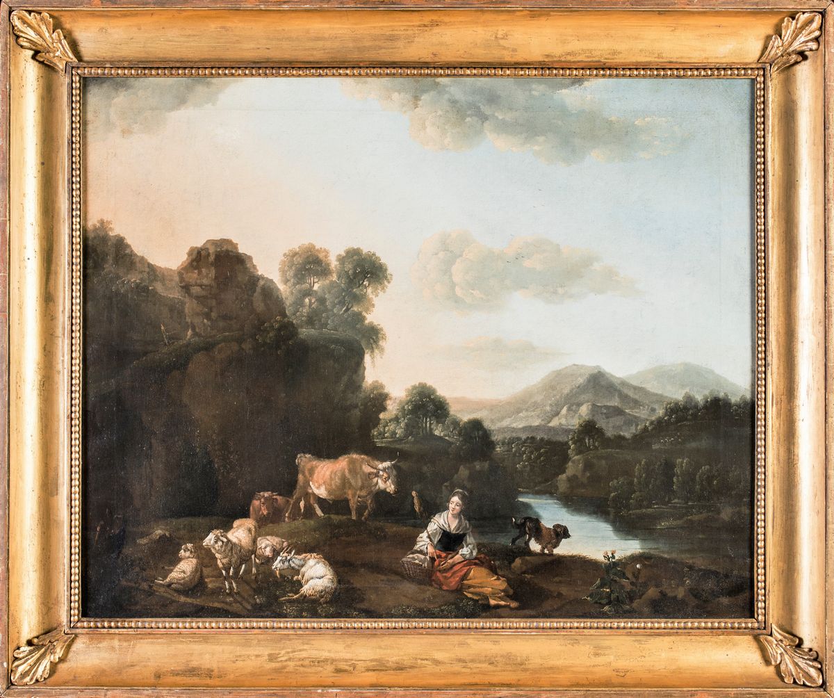 Scuola Romana del XVIII Secolo - Paesaggio con Pastorella e Armenti