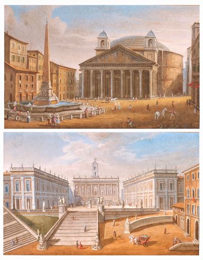 A) Veduta del Campidoglio B) Piazza della Rotonda e il Pantheon con i Campanili del Bernini