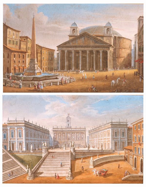 a) Veduta del Campidoglio  b) Piazza della Rotonda e il Pantheon con i campanili del Bernini