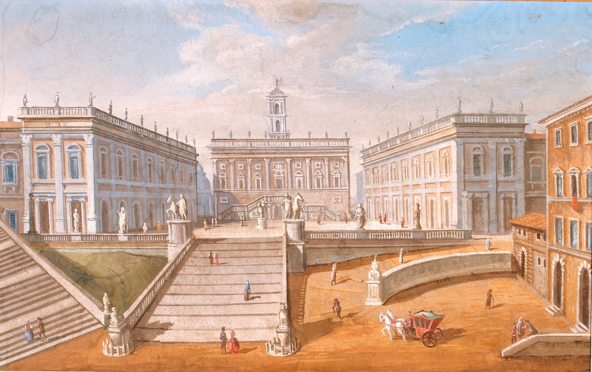 A) Veduta del Campidoglio B) Piazza della Rotonda e il Pantheon con i Campanili del Bernini