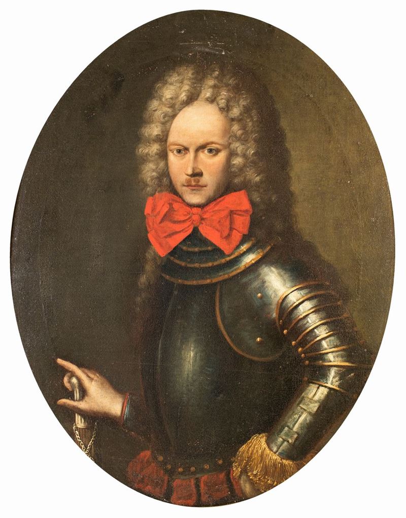 Pittore del XVII Secolo - Gentiluomo in Armatura e Fiocco Rosso