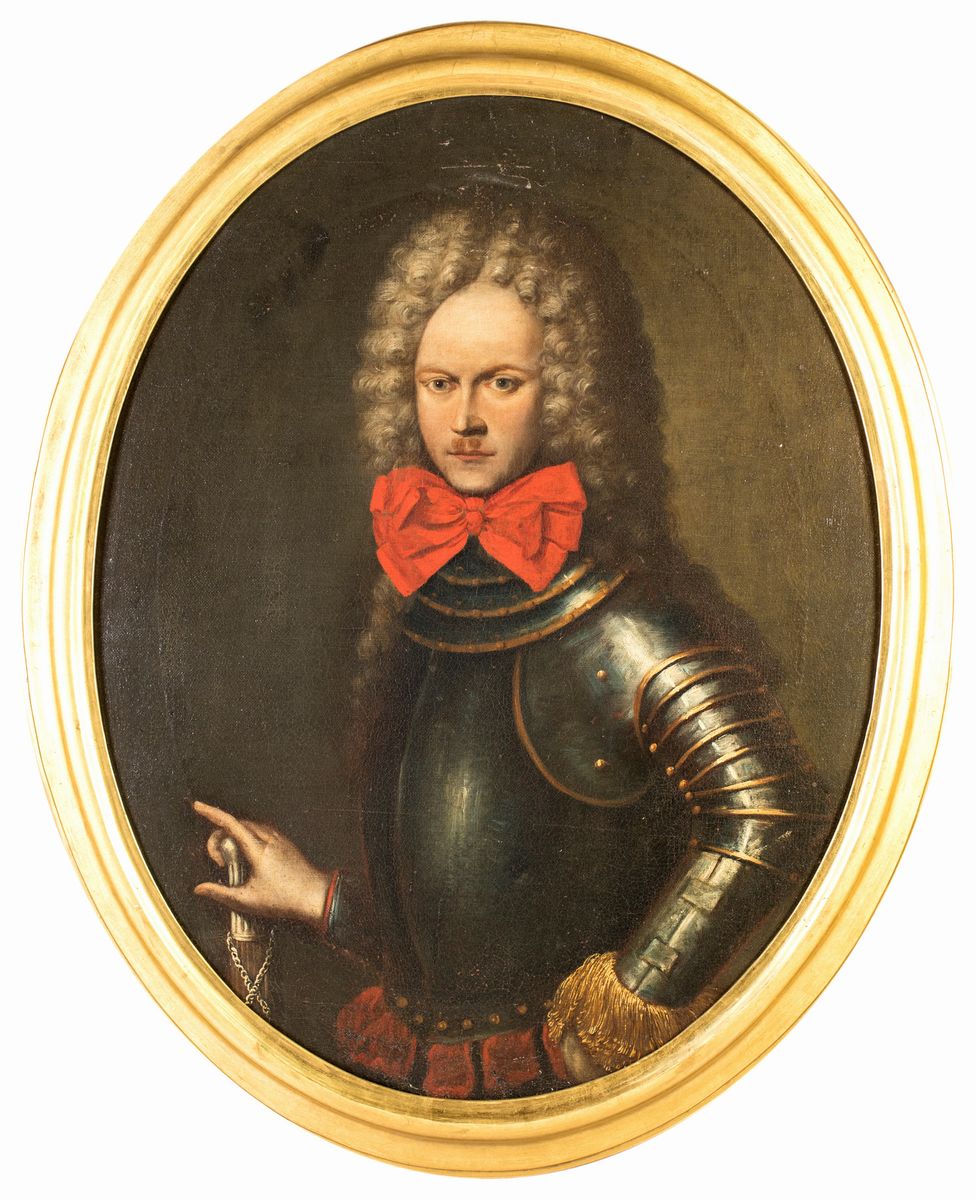 Pittore del XVII Secolo - Gentiluomo in Armatura e Fiocco Rosso