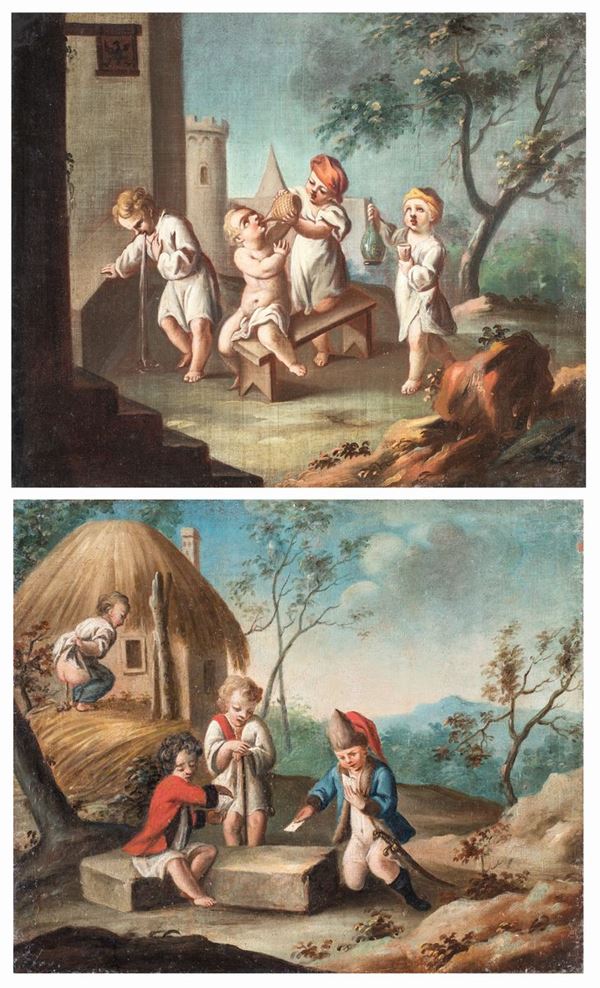 Scuola Piemontese del XVIII secolo - a) Giocatori di carte  b) Monelli bamboccianti