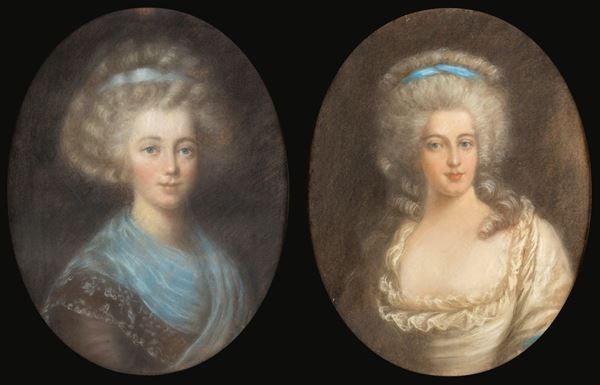 Anonimo del XVIII secolo - a) Ritratto di gentildonna in abito bianco  b) Ritratto di gentildonna con scialle azzurro