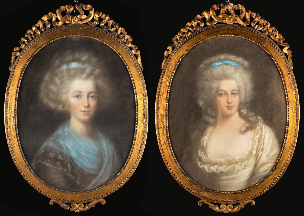 Anonimo del XVIII Secolo - A) Ritratto di Gentildonna in Abito Bianco B) Ritratto di Gentildonna ...