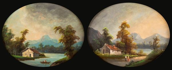 Pittore del XIX/XX secolo - a) Paesaggio fluviale con casolare  b) Paesaggio montano con figure