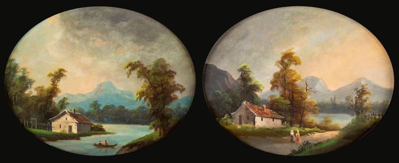 Pittore del XIX/XX Secolo - A) Paesaggio Fluviale con Casolare B) Paesaggio Montano con Figure