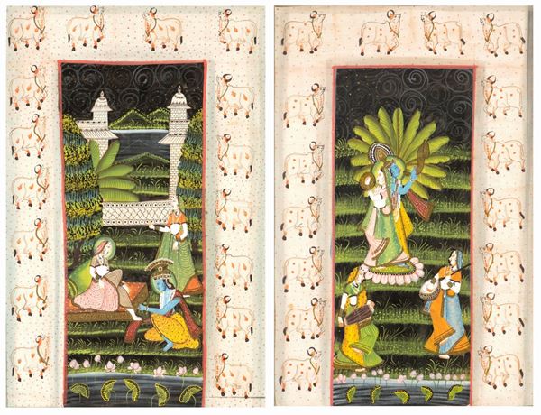 Coppia di dipinti su seta, India, XX secolo