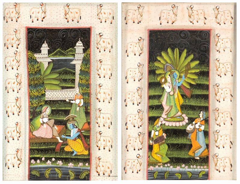 Coppia di Dipinti su Seta, India, XX Secolo