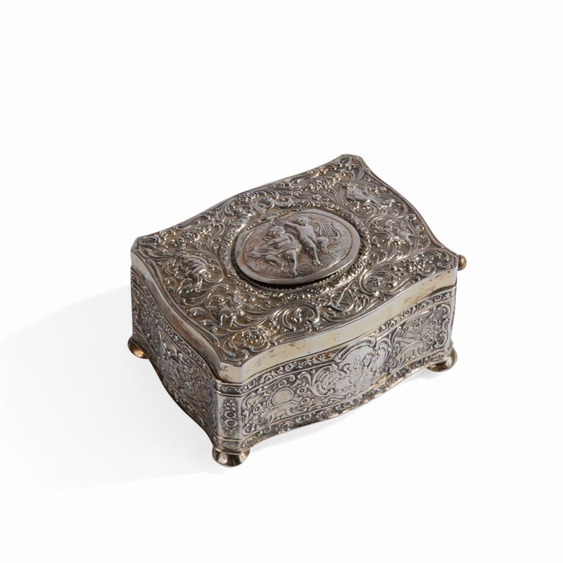 Boite à Musique in Argento Sterling con Automa Canoro, Germania, Seconda Metà del XIX S...