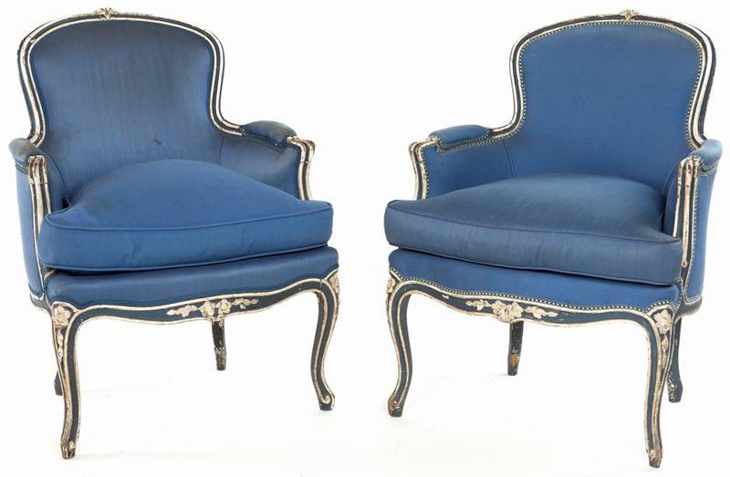 Coppia di Poltrone Luigi XV in Legno Laccato Blu, XIX Secolo