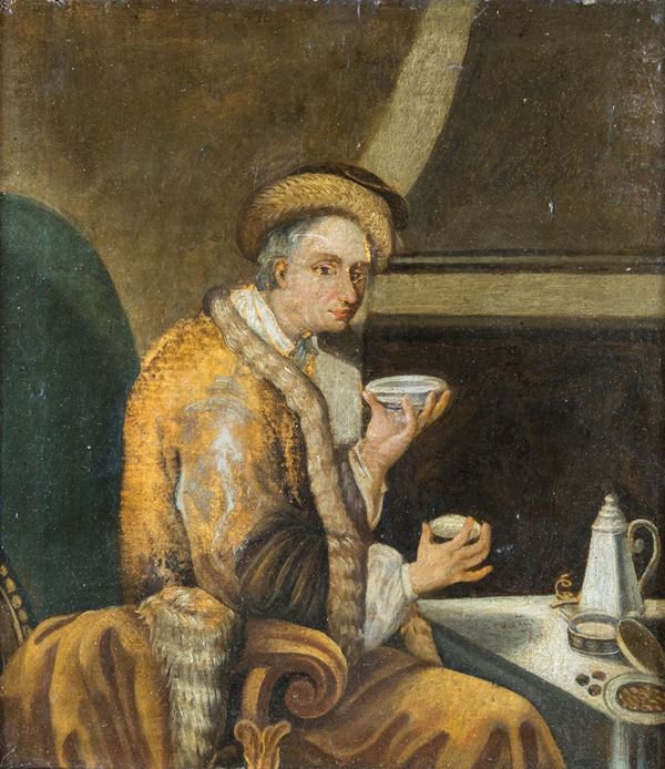 Pittore del XVIII secolo - Personaggio rinascimentale a tavola