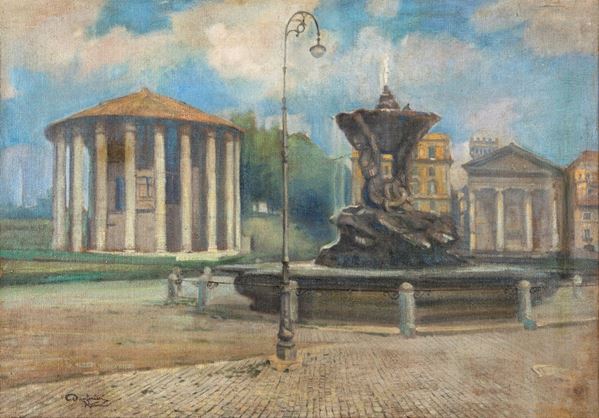 Dante Ricci - Veduta del Foro Boario con la fontana dei Tritoni e i tempi di Ercole vincitore e di Portuno